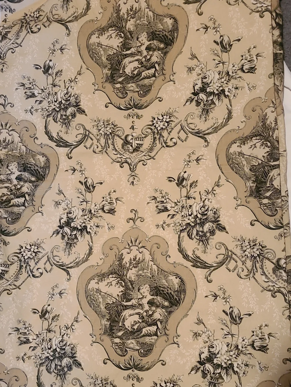 Fabric Upolstry Drapery Toile Scrolling Damask Sewing Crafts 3 Yards Cream Taupe